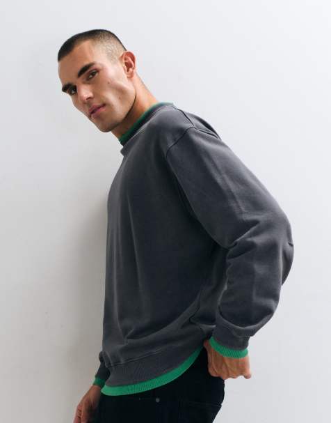 ASOS DESIGN loopback oversized crew neck sweatshirt with acid wash and mock layered rib-knit detailing in charcoal - view 1