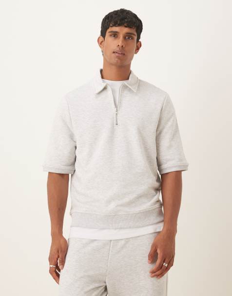 ASOS DESIGN loopback short sleeve sweatshirt with zip in gray heather - view 1