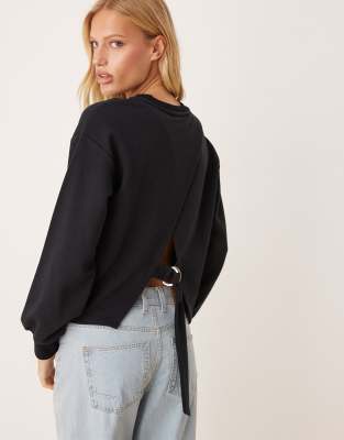 ASOS DESIGN loopback sweat with cinch back detail in black