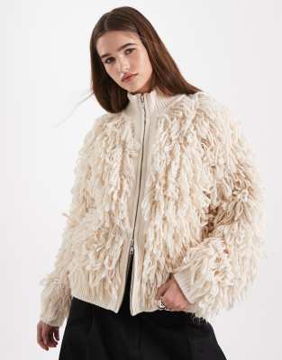 Asos Design Looping High Neck Zip Through Cardigan In Neutral