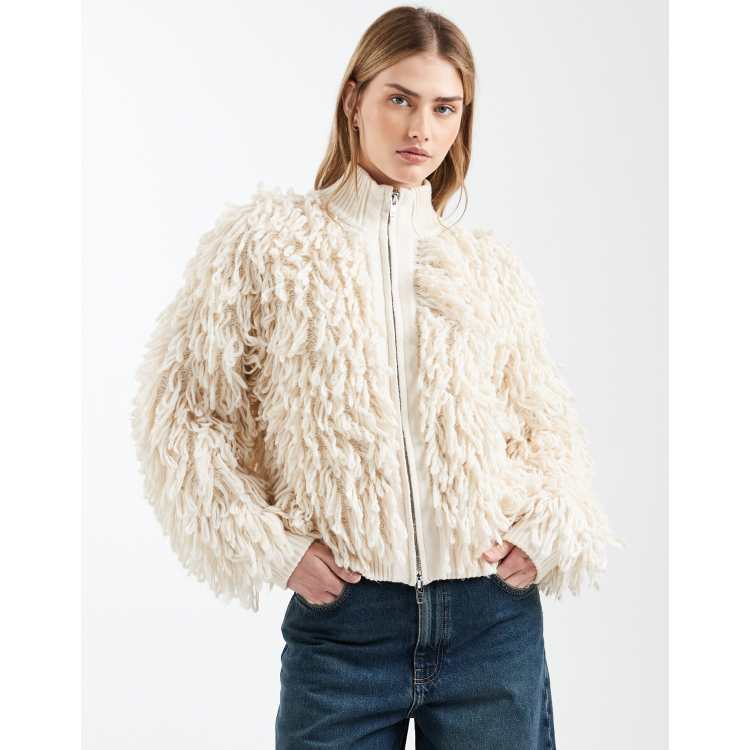 ASOS DESIGN looping high neck zip through cardigan in marshmallow