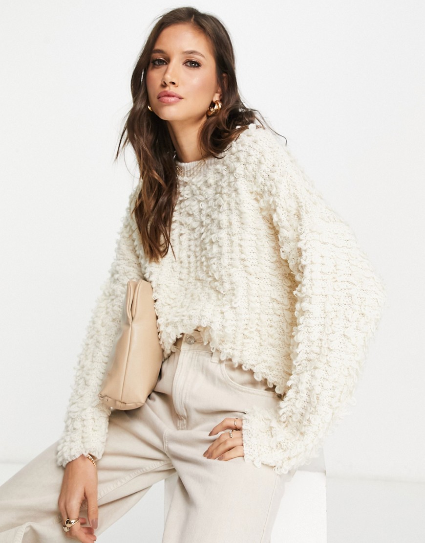 ASOS DESIGN loopy stitch sweater in cream-White
