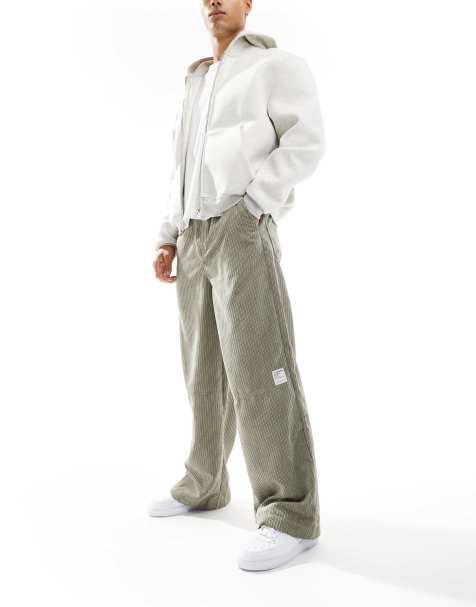 ASOS DESIGN loose cord trouser in green with contrast stitch - view 1