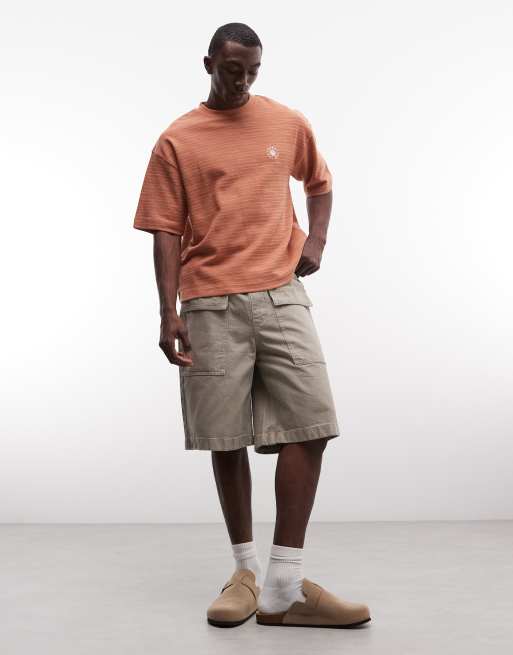 ASOS DESIGN loose denim cargo jorts in khaki with vintage wash 