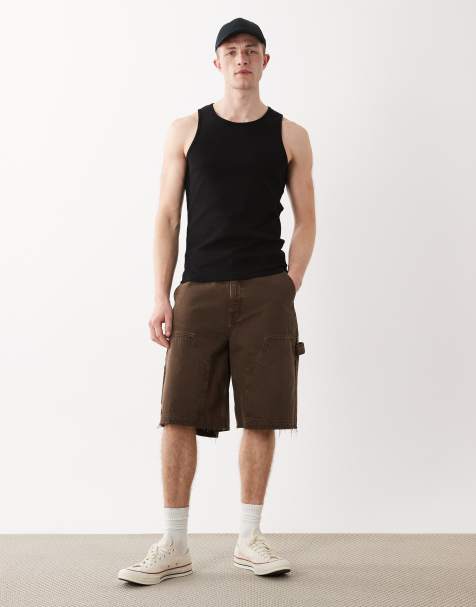 ASOS DESIGN loose denim carpenter jorts in brown wash - view 1