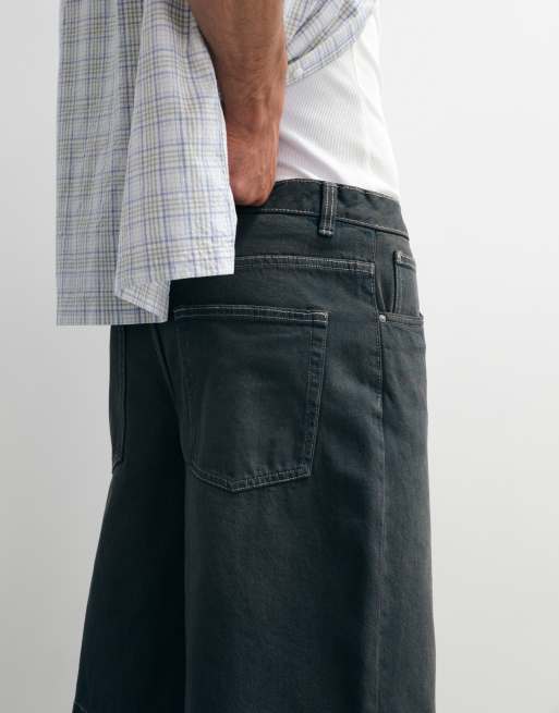 ASOS DESIGN loose denim jorts in dark wash blue with pleats , 2 of 7