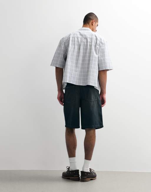 ASOS DESIGN loose denim jorts in dark wash blue with pleats , 3 of 7
