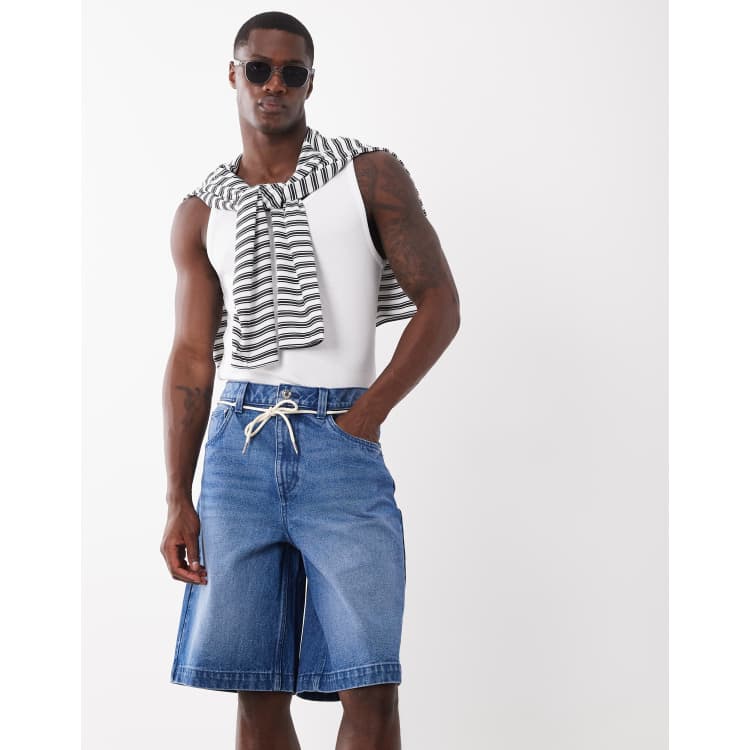 ASOS DESIGN loose denim jorts in mid wash blue with self tie | ASOS
