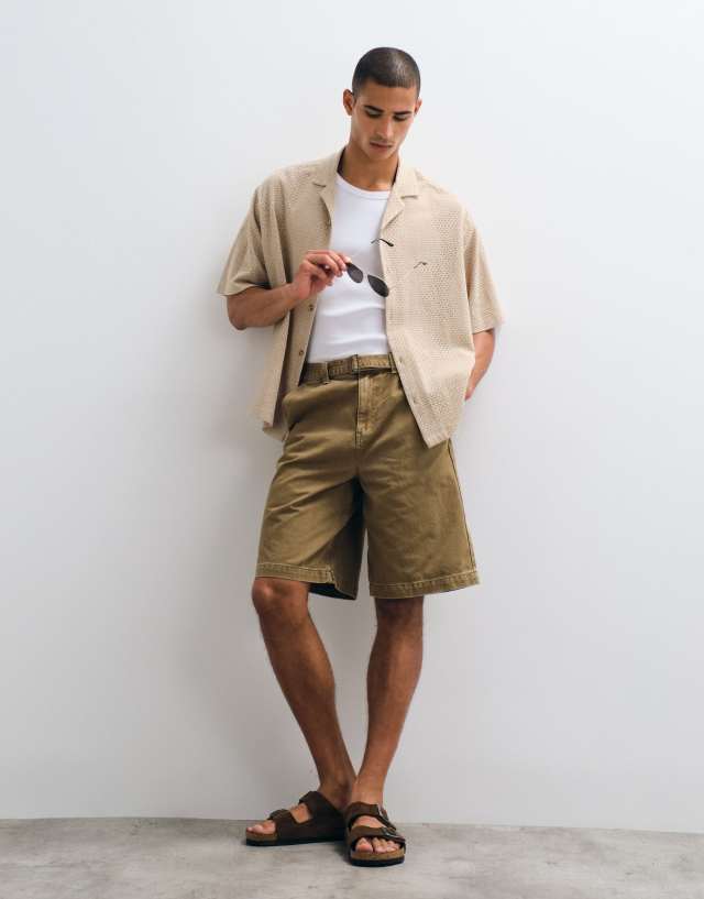 ASOS DESIGN loose denim jorts in tan with belt | ASOS