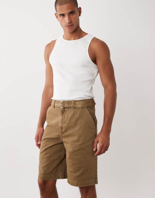 ASOS DESIGN loose denim jorts in tan with belt | ASOS
