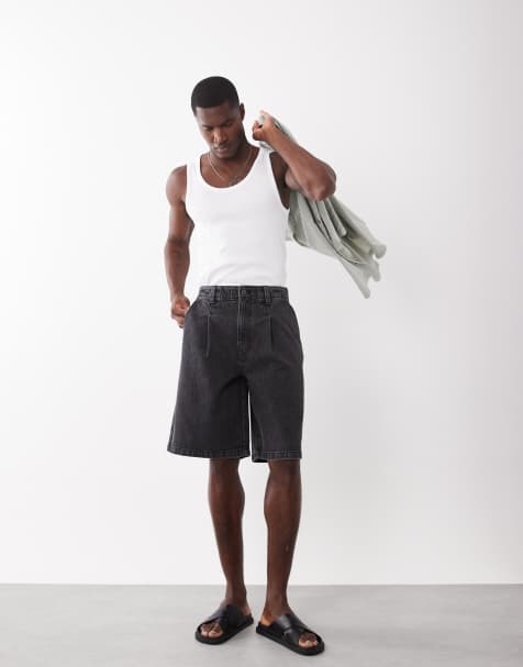 ASOS DESIGN loose denim stripe jorts in washed black with pleats - view 1