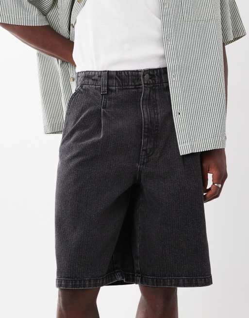 ASOS DESIGN loose denim stripe jorts in washed black with pleats , 2 of 5