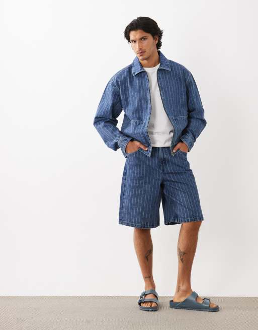 ASOS DESIGN loose denim striped jorts in mid wash blue - part of a