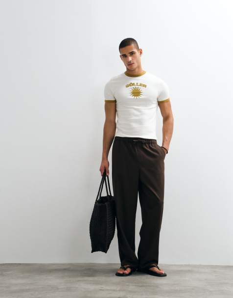 ASOS DESIGN loose elasticated pants with pleat in brown herringbone - view 1