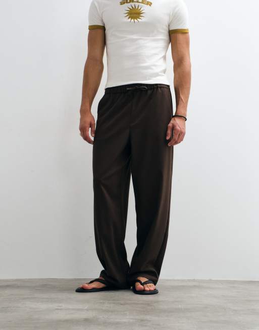 ASOS DESIGN LOOSE elasticated trouser with pleat in brown herringbone - BROWN, 2 of 9