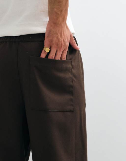 ASOS DESIGN LOOSE elasticated trouser with pleat in brown herringbone - BROWN, 4 of 9