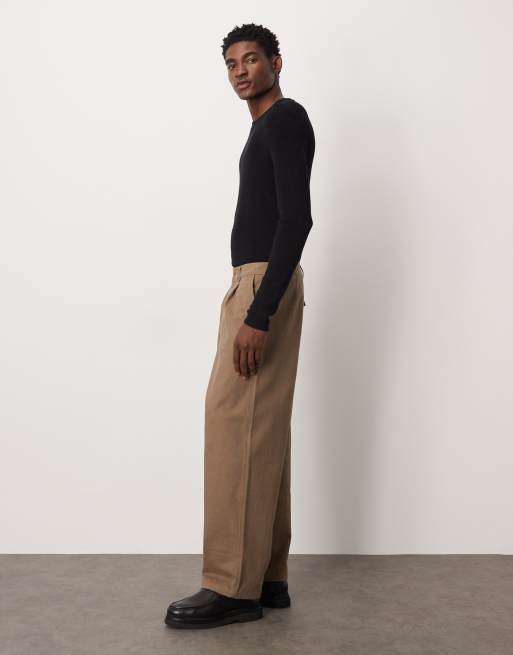 ASOS DESIGN loose faux suede trousers with pleats in brown , 3 of 5