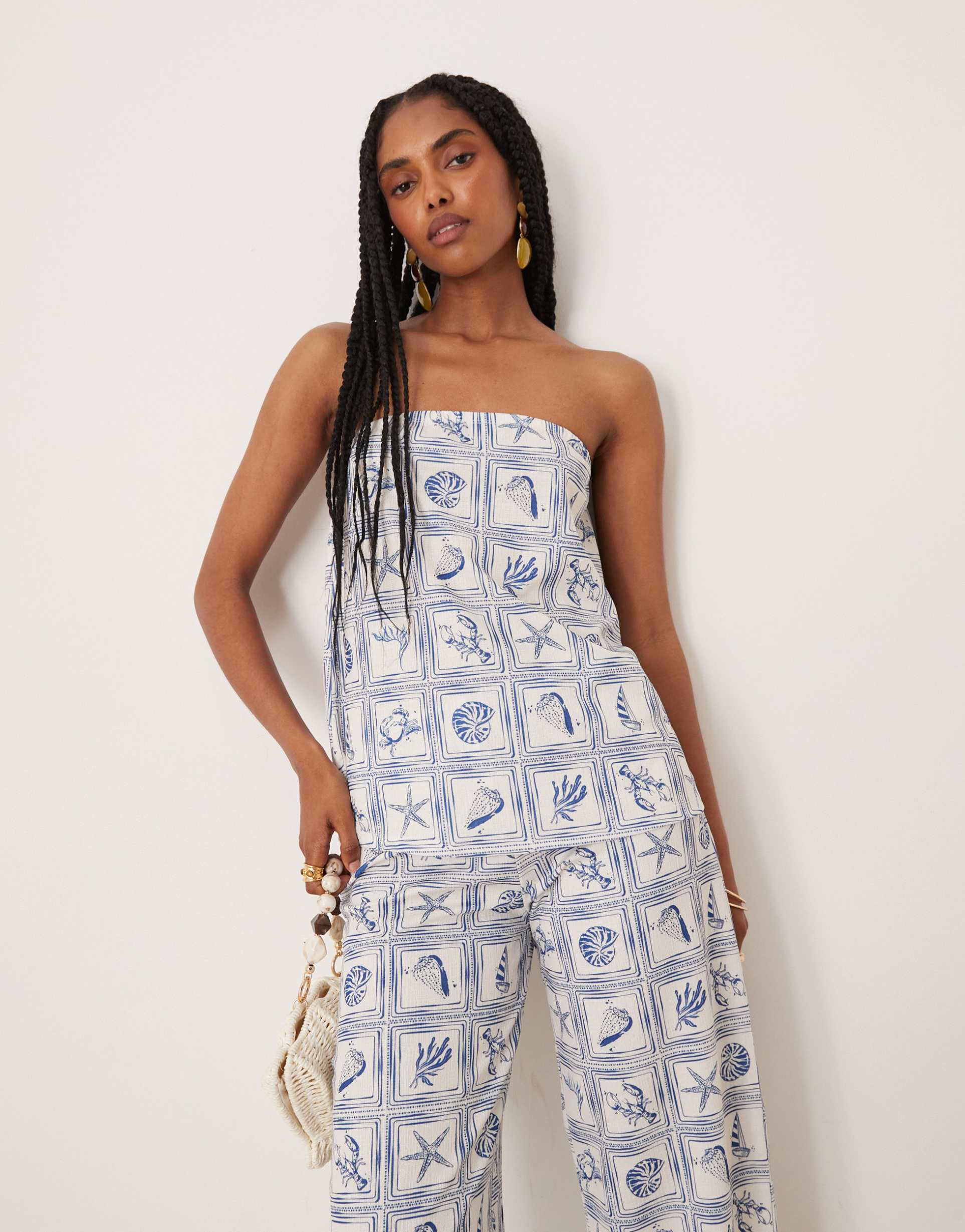 asos design loose fit bandeau top in blue shell print - part of a set