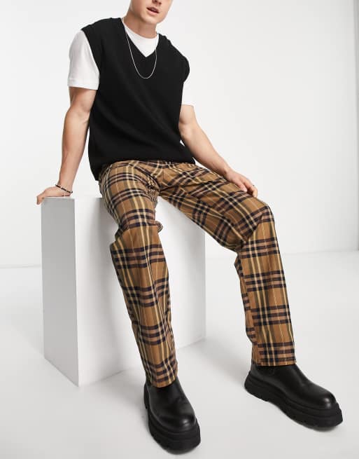 ASOS DESIGN straight tartan plaid cargo pants in red with leather