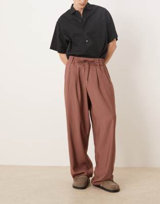 Asos Design Loose Fit Smart Pants With Wide Waistband And Elasticated Waist In Brown