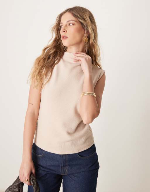 ASOS DESIGN loose fit super soft tank with grown on neck in cream, 2 of 4