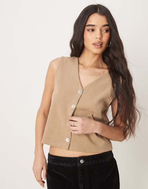 ASOS DESIGN loose fit v neck button through top with pearlised buttons in oatmeal - view 1