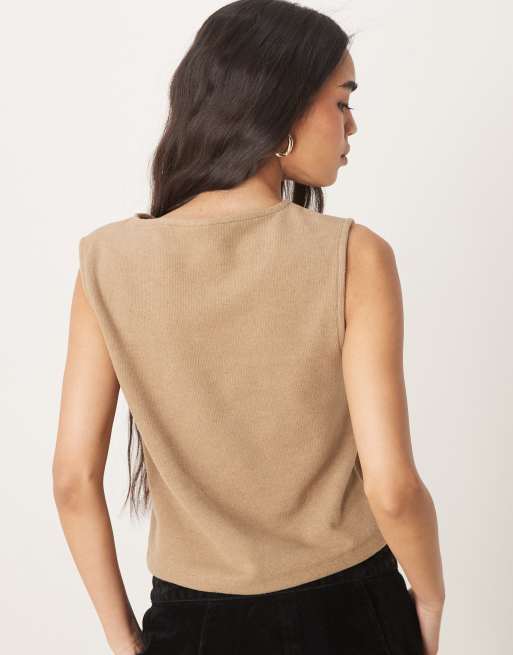 ASOS DESIGN loose fit v neck button through top with pearlised buttons in oatmeal, 4 of 4