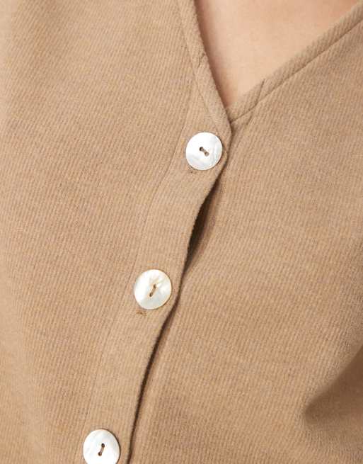 ASOS DESIGN loose fit v neck button up top with pearlized buttons in oatmeal, 3 of 4