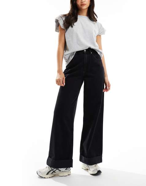 ASOS DESIGN loose jean with deep turn up cuff in black - view 1