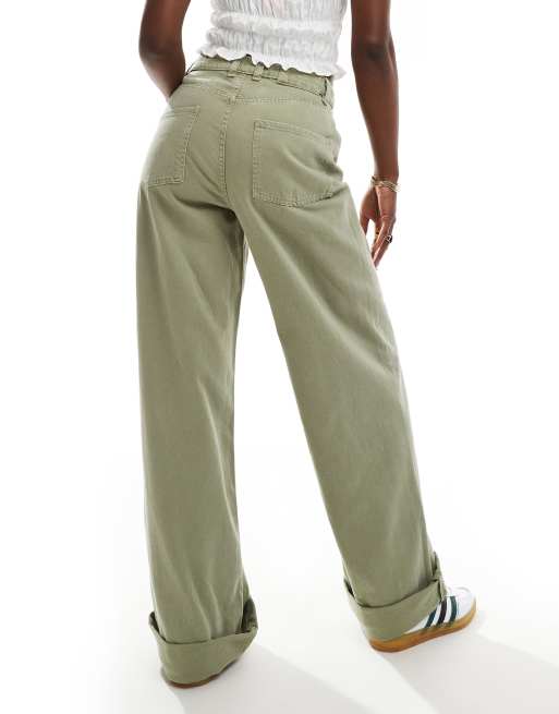 ASOS DESIGN loose jean with deep turn up cuff in sage, 2 of 5