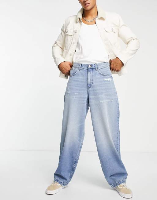 ASOS DESIGN loose jeans in light wash with abrasions and destroyed hem 
