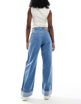 Asos Design Loose Jeans With Deep Turn Up Cuff In Blue
