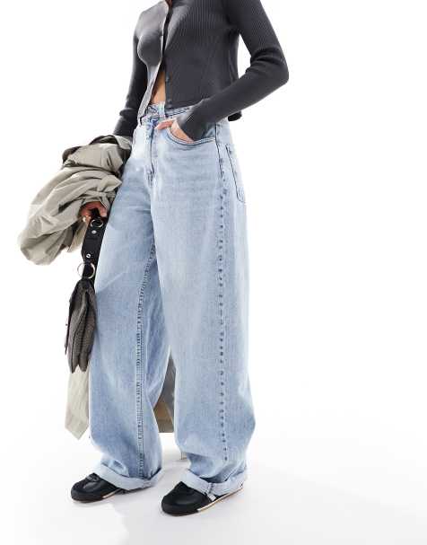 ASOS DESIGN loose jeans with deep turn up cuff in light blue - view 1