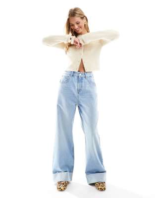 Asos Design Loose Jeans With Deep Turn Up Cuff In Light Blue-Pink