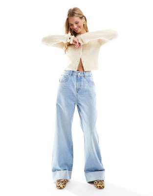 loose jeans with deep turn up cuff in light blue-Pink