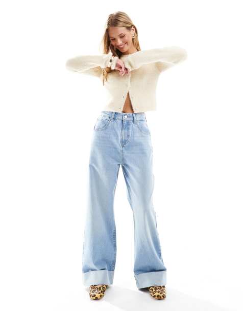 ASOS DESIGN loose jeans with deep turn up cuff in light blue - view 1