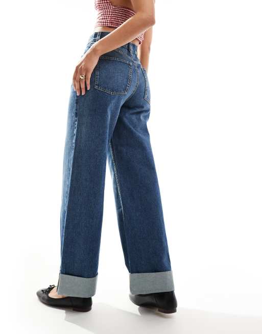 ASOS DESIGN loose jeans with deep turn up cuff in mid blue | ASOS
