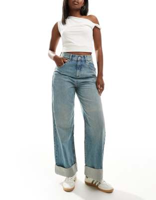 loose jeans with deep turn up cuff in pale wash-Blue