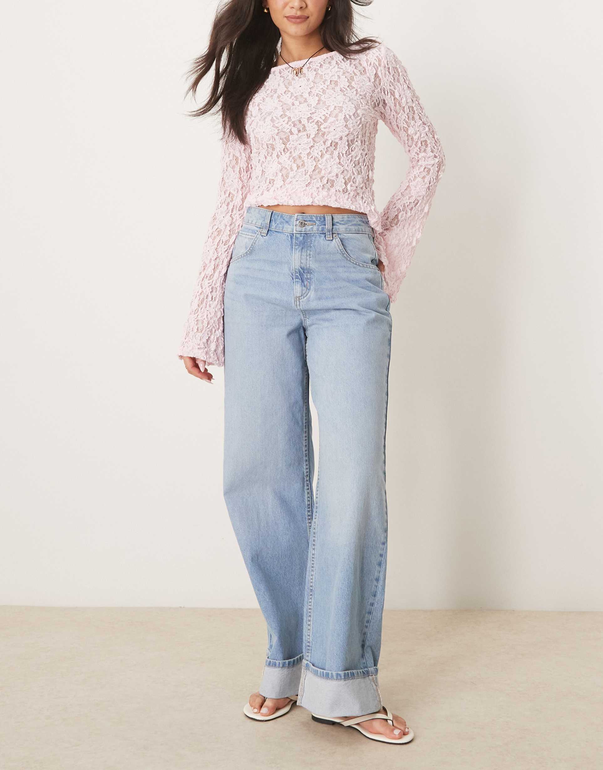 asos design loose jeans with deep turn up cuff in pale wash