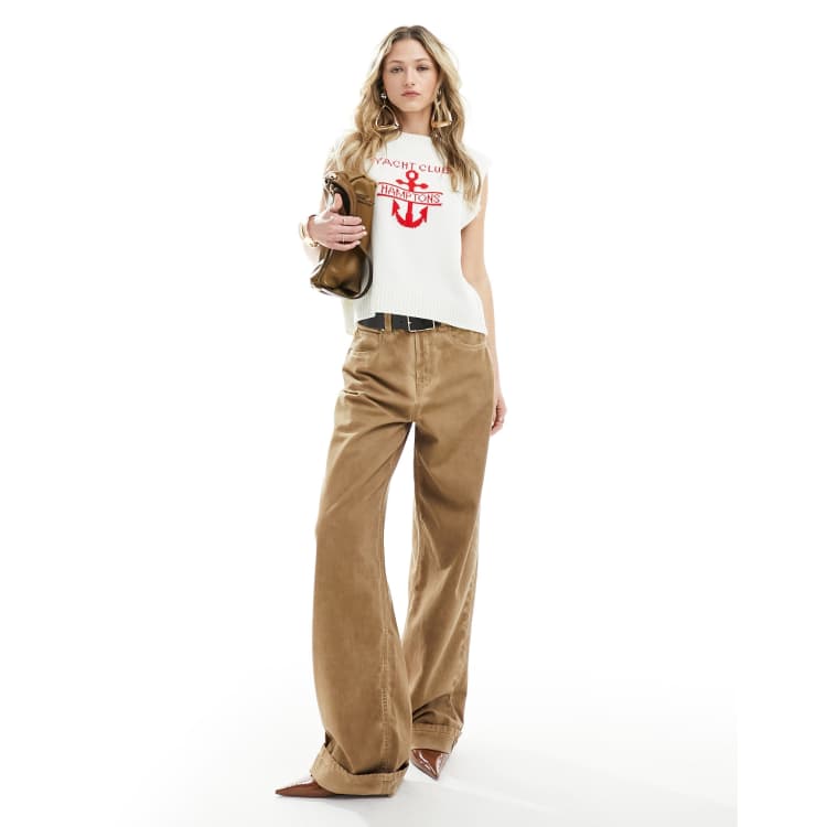 ASOS DESIGN loose jeans with deep turn up cuff in tan | ASOS