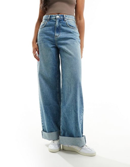 ASOS DESIGN loose jeans with deep turn up in tinted mid blue