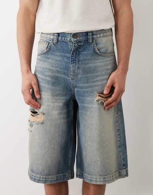 ASOS DESIGN loose jorts in mid washed blue with rip, 4 of 5