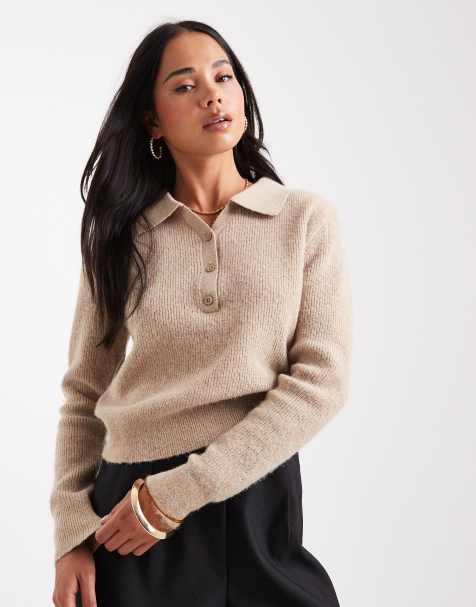 ASOS DESIGN loose knit collar henley jumper in oatmeal - view 1