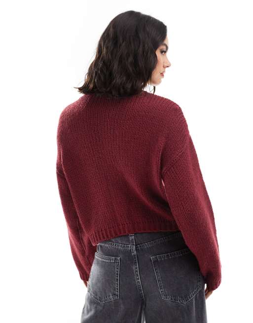 ASOS DESIGN loose knit crew neck cardigan in burgundy, 2 of 4