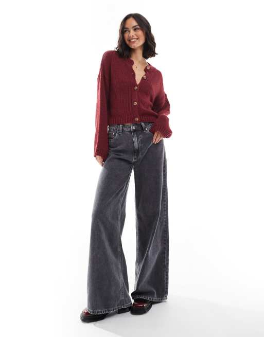 ASOS DESIGN loose knit crew neck cardigan in burgundy, 4 of 4
