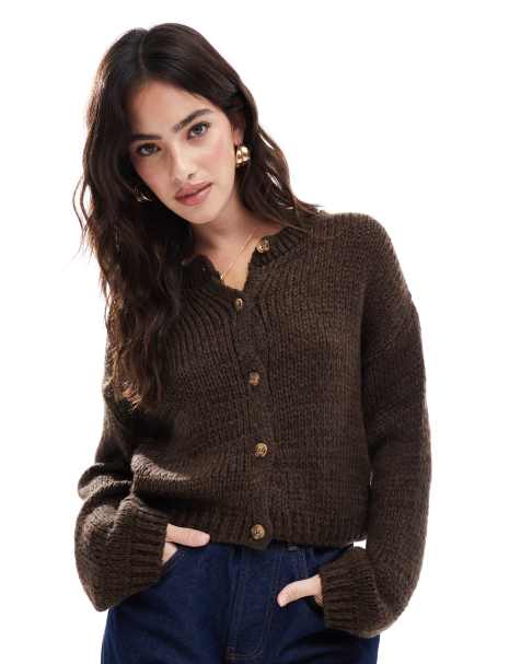 ASOS DESIGN loose knit crew neck cardigan in chocolate - view 1