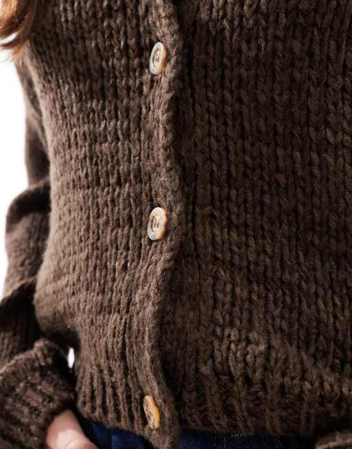 ASOS DESIGN loose knit crew neck cardigan in chocolate, 2 of 4