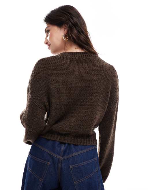 ASOS DESIGN loose knit crew neck cardigan in chocolate, 4 of 4