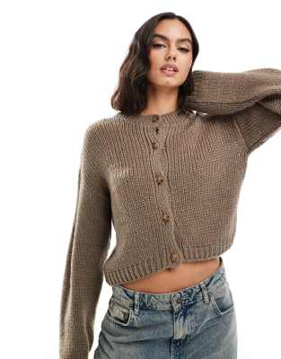 Asos Design Loose Knit Crew Neck Cardigan In Mocha-brown