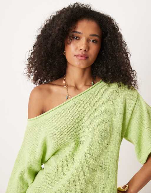 ASOS DESIGN loose knit off shoulder short sleeve jumper in green, 2 of 4
